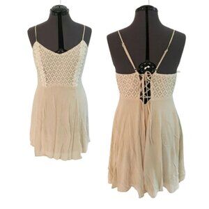 Flying Tomato Beige Slip dress Sundress lace up back, lace overlay, Size L